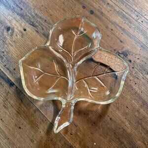 Vintage Hazel Atlas Clear Glass Maple Leaf Shaped Candy/Nut Divided Dish Bowl